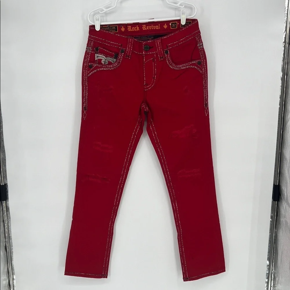 Men Rock Revival Red Jeans Slim Straight Stretch Pant Collectors Edition Size 32 - Picture 1 of 10